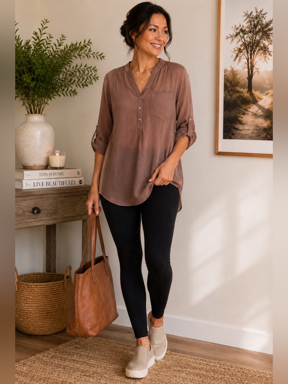 Nue Options Mauve Brown Lightweight Button-Front Blouse
